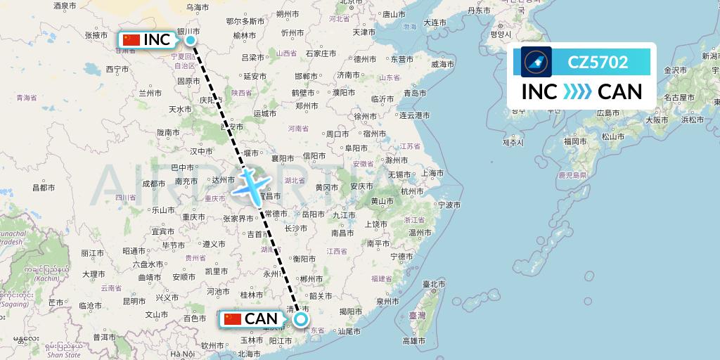 CZ5702 China Southern Airlines Flight Map: Yinchuan to Guangzhou