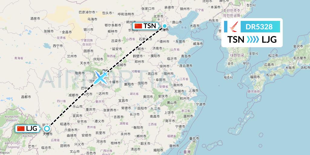 DR5328 Ruili Airlines Flight Map: Tianjin to Lijiang