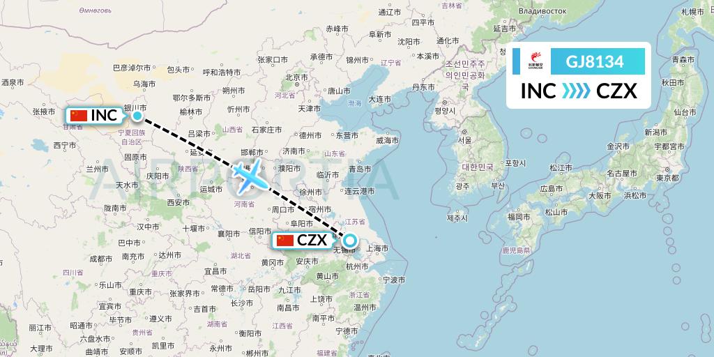GJ8134 Loong Airlines Flight Map: Yinchuan to Changzhou
