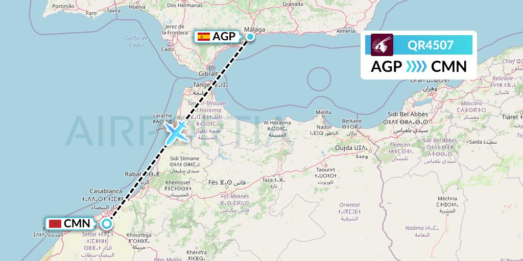 QR4507 Qatar Airways Flight Map: Malaga to Casablanca