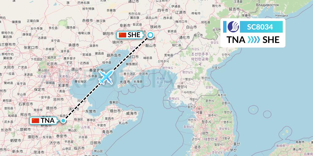 SC8034 Shandong Airlines Flight Map: Jinan to Shenyang