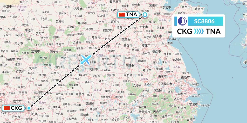 SC8806 Shandong Airlines Flight Map: Chongqing to Jinan