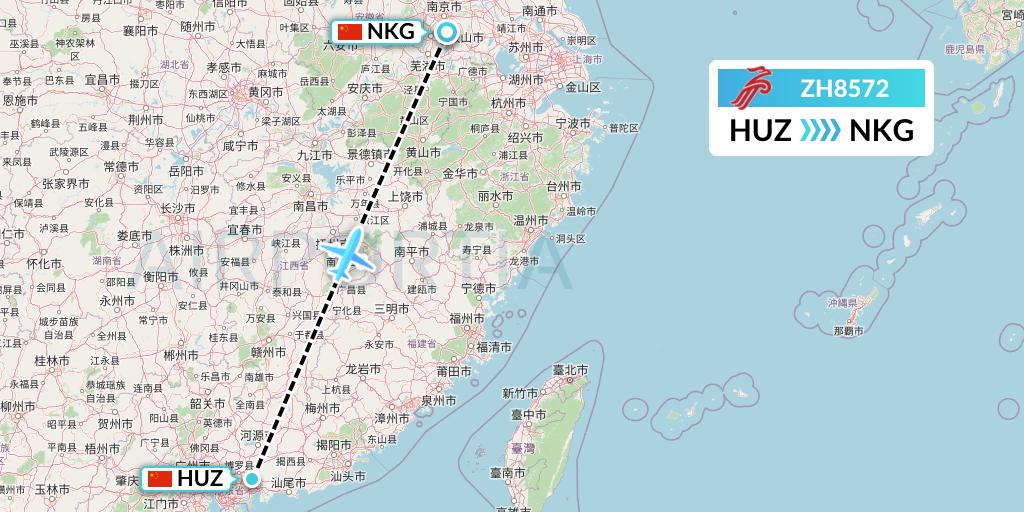 ZH8572 Shenzhen Airlines Flight Map: Huizhou to Nanjing