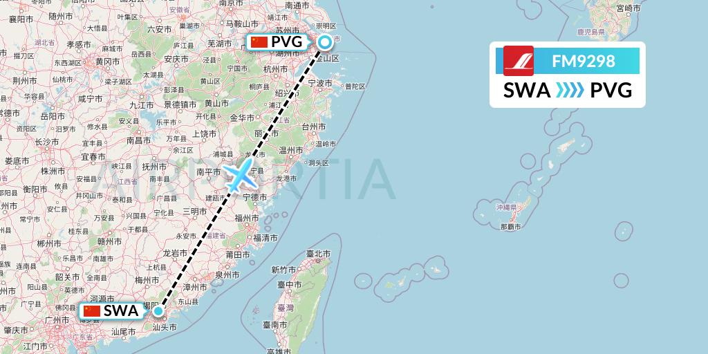 FM9298 Shanghai Airlines Flight Map: Jieyang to Shanghai