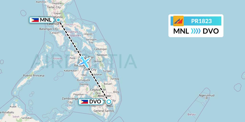 PR1823 Philippine Airlines Flight Map: Manila to Davao City