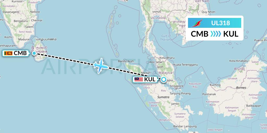 UL318 SriLankan Airlines Flight Map: Colombo to Kuala Lumpur