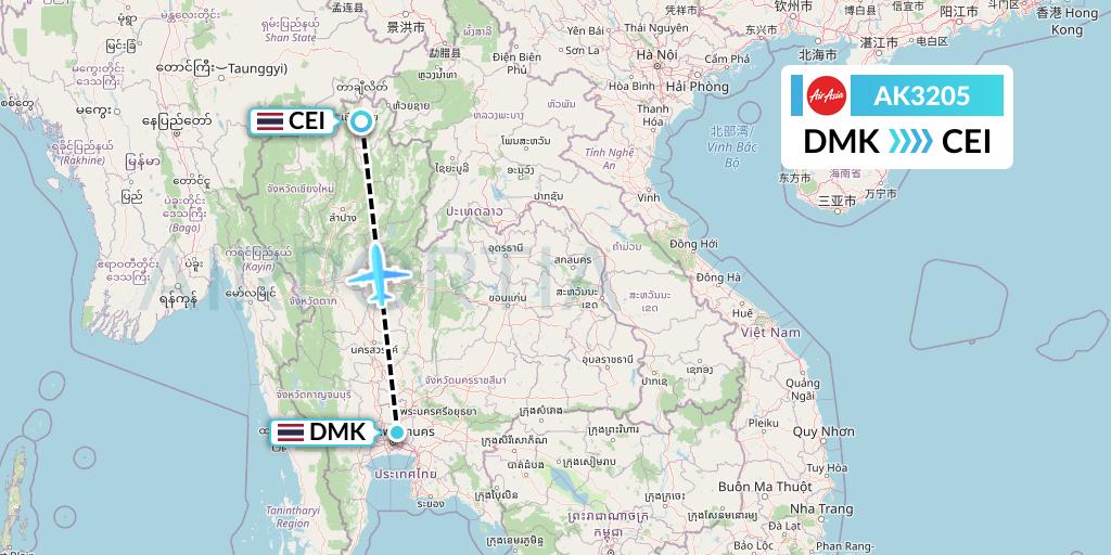 AK3205 AirAsia Flight Map: Bangkok to Chiang Rai