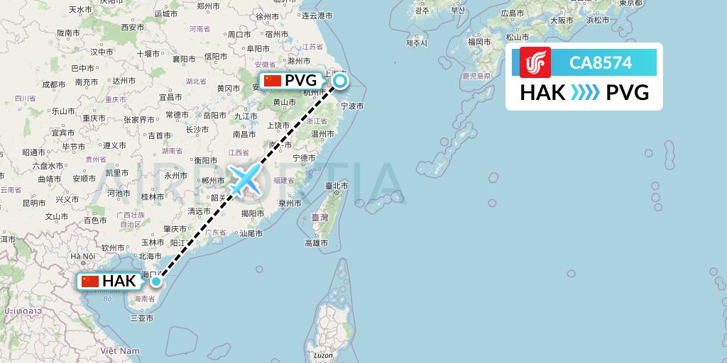 CA8574 Air China Flight Map: Haikou to Shanghai