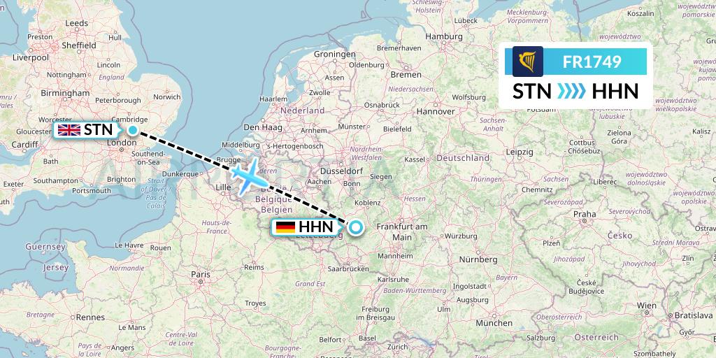FR1749 Ryanair Flight Map: London to Hahn