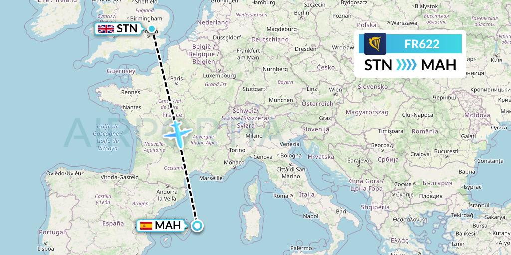FR622 Ryanair Flight Map: London to Mahon