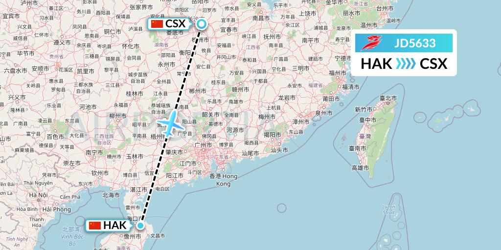 JD5633 Capital Airlines Flight Map: Haikou to Changsha