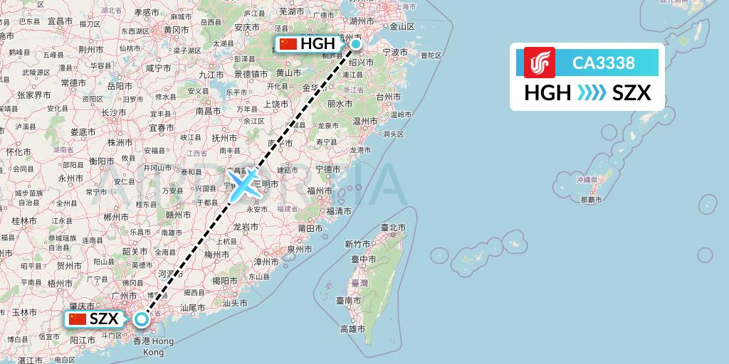 CA3338 Air China Flight Map: Hangzhou to Shenzhen