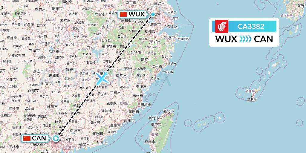CA3382 Air China Flight Map: Wuxi to Guangzhou
