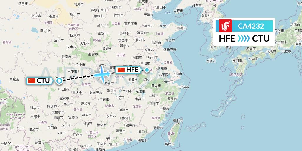CA4232 Air China Flight Map: Hefei to Chengdu