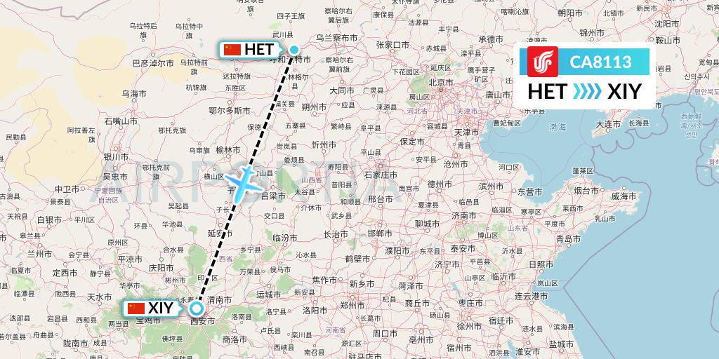 CA8113 Air China Flight Map: Hohhot to Xi'an