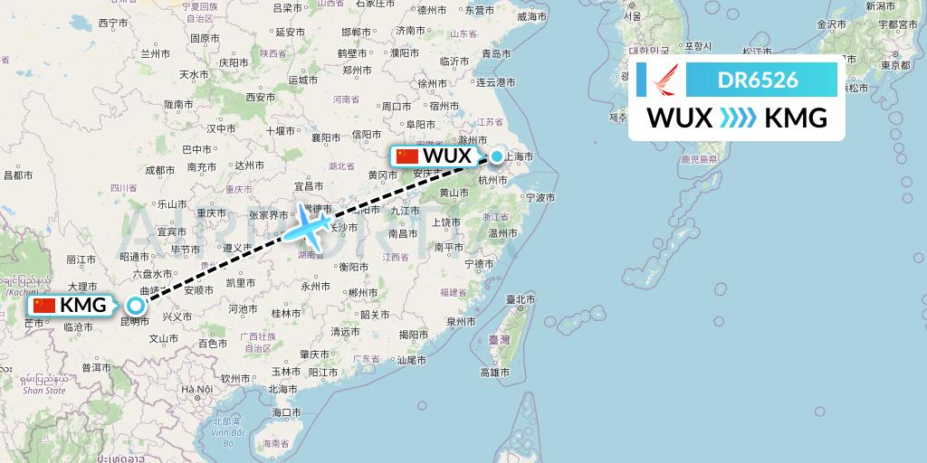 DR6526 Ruili Airlines Flight Map: Wuxi to Kunming