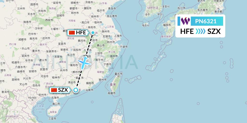 PN6321 China West Air Flight Map: Hefei to Shenzhen
