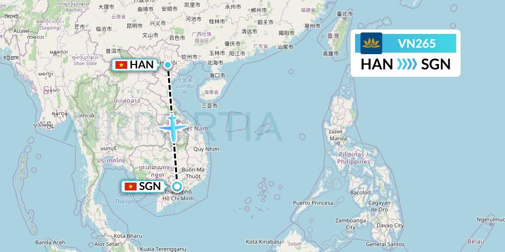 VN265 Vietnam Airlines Flight Map: Hanoi to Ho Chi Minh City