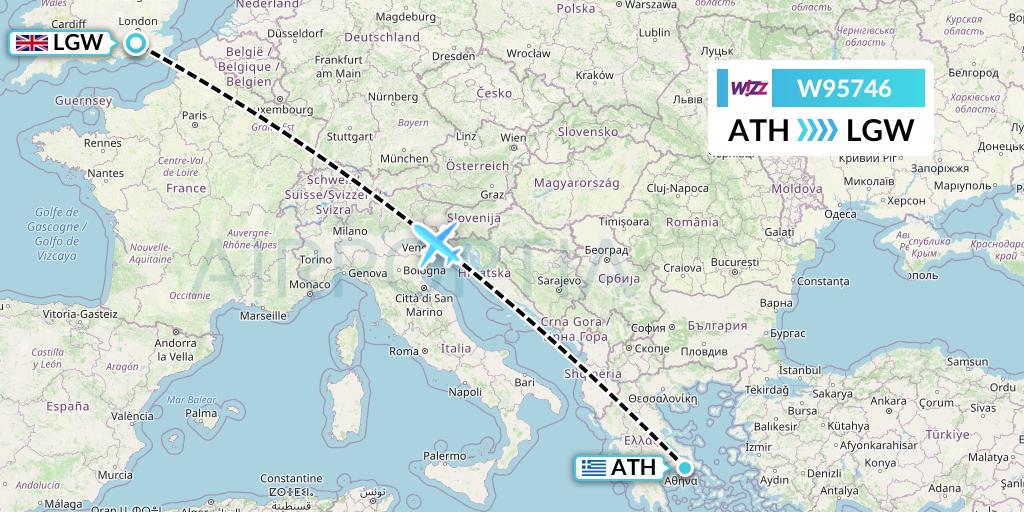 W95746 Wizz Air UK Flight Map: Athens to London
