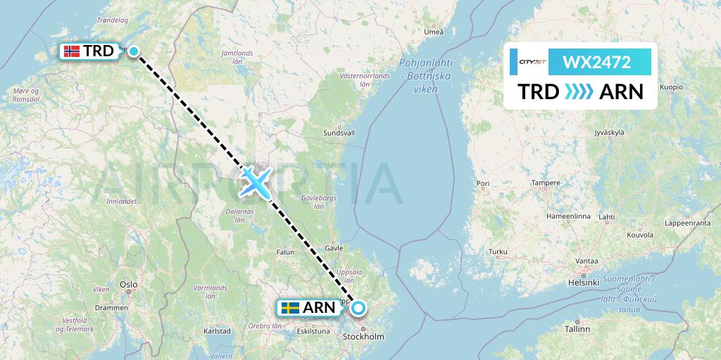 WX2472 Cityjet Flight Map: Trondheim to Stockholm