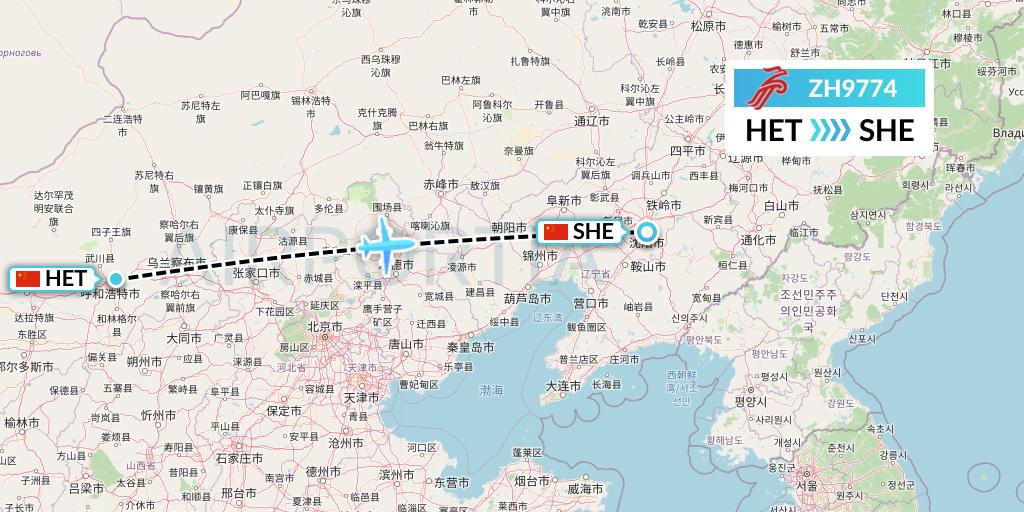 ZH9774 Shenzhen Airlines Flight Map: Hohhot to Shenyang