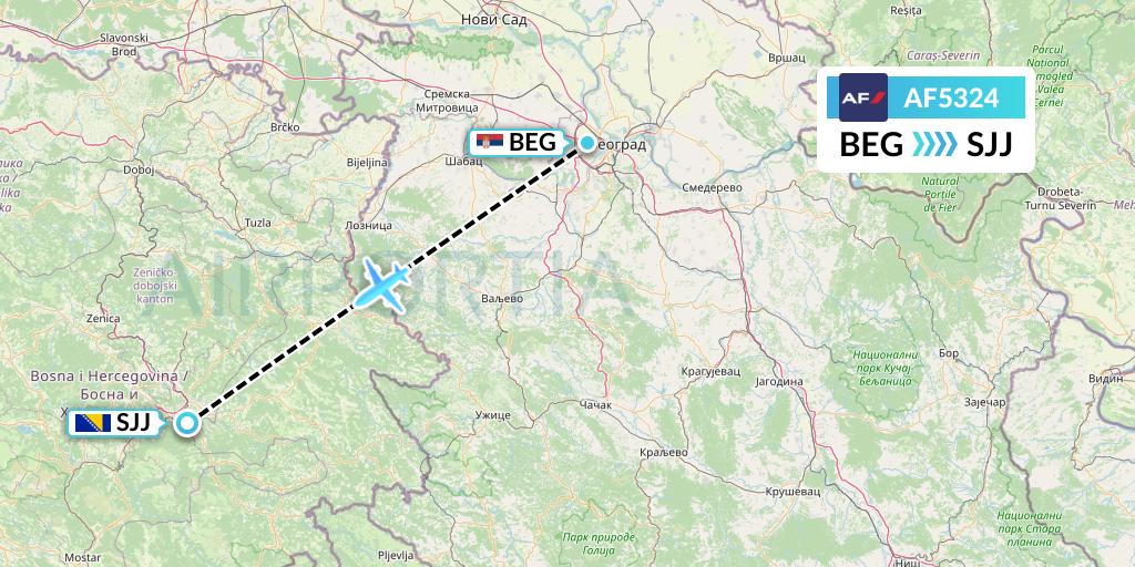 AF5324 Air France Flight Map: Belgrade to Sarajevo