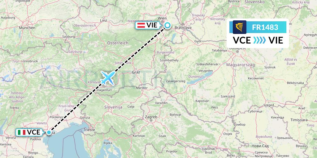 FR1483 Ryanair Flight Map: Venice to Vienna
