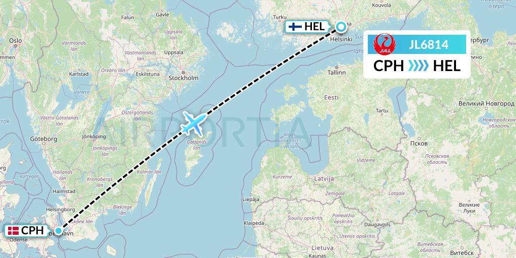 JL6814 Japan Airlines Flight Map: Copenhagen to Helsinki