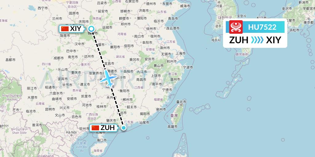 HU7522 Hainan Airlines Flight Map: Zhuhai to Xi'an