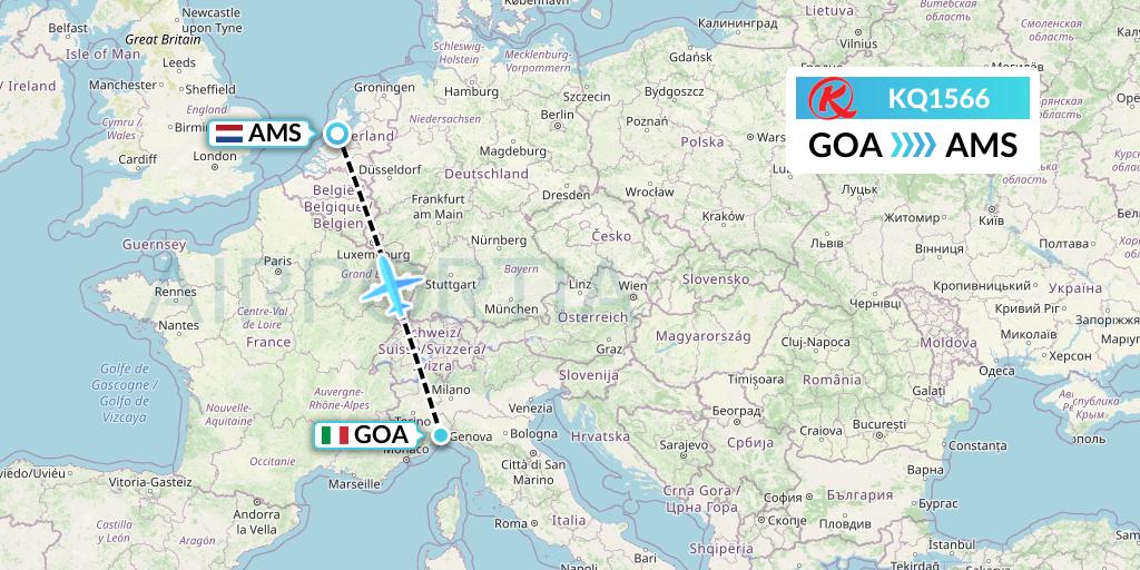 KQ1566 Kenya Airways Flight Map: Genoa to Amsterdam
