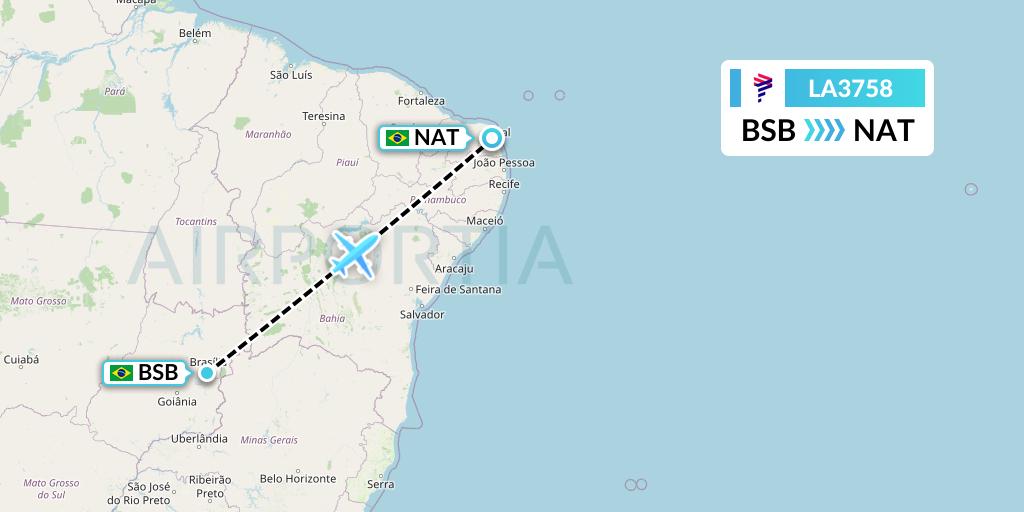 LA3758 LAN Airlines Flight Map: Brasilia to Natal