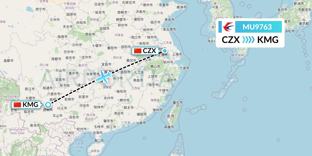MU9763 China Eastern Airlines Flight Map: Changzhou to Kunming
