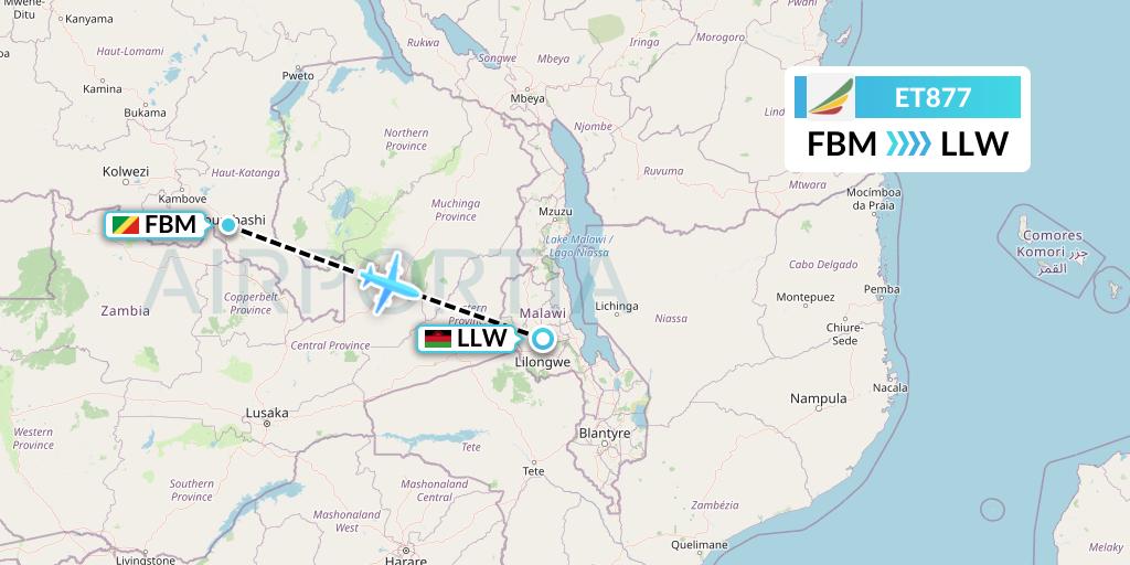 ET877 Ethiopian Airlines Flight Map: Lubumbashi to Lilongwe