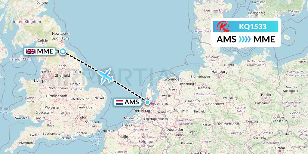 KQ1533 Kenya Airways Flight Map: Amsterdam to Darlington