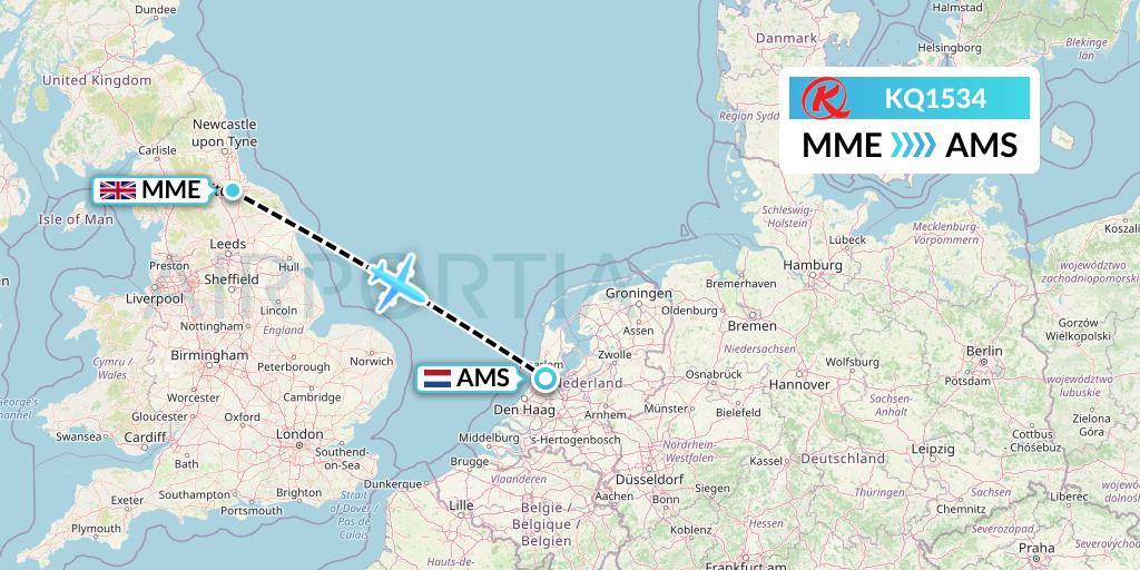 KQ1534 Kenya Airways Flight Map: Darlington to Amsterdam