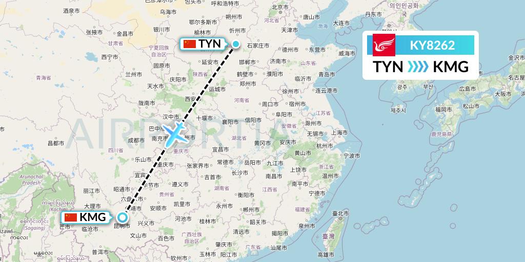 KY8262 Kunming Airlines Flight Map: Taiyuan to Kunming