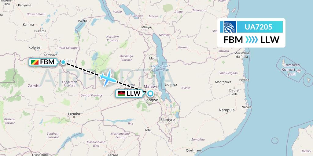 UA7205 United Airlines Flight Map: Lubumbashi to Lilongwe