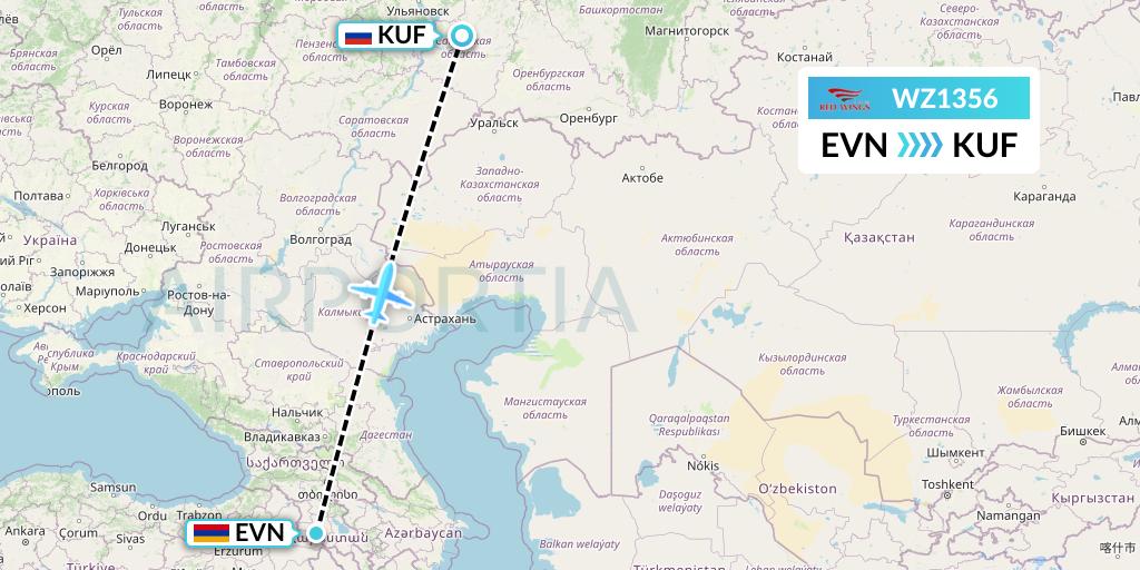 WZ1356 Red Wings Flight Map: Yerevan to Samara