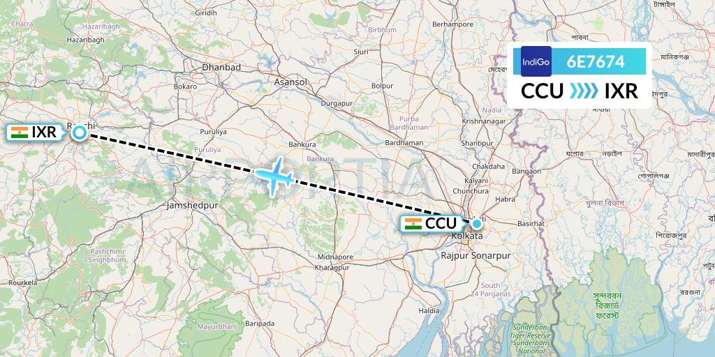 6E7674 IndiGo Airlines Flight Map: Kolkata to Ranchi