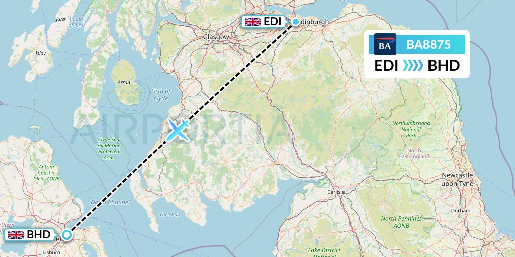 BA8875 British Airways Flight Map: Edinburgh to Belfast