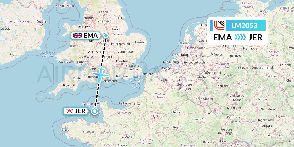 LM2053 Loganair Flight Map: East Midlands to Jersey
