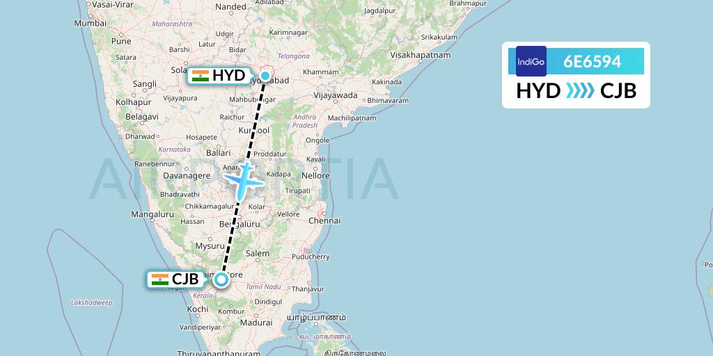 6E6594 IndiGo Airlines Flight Map: Hyderabad to Coimbatore