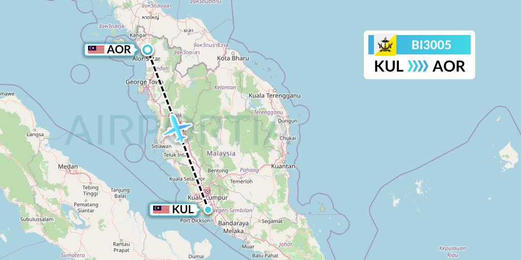 BI3005 Royal Brunei Airlines Flight Map: Kuala Lumpur to Alor Setar