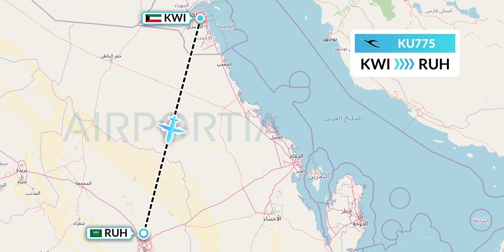 KU775 Kuwait Airways Flight Map: Kuwait City to Riyadh