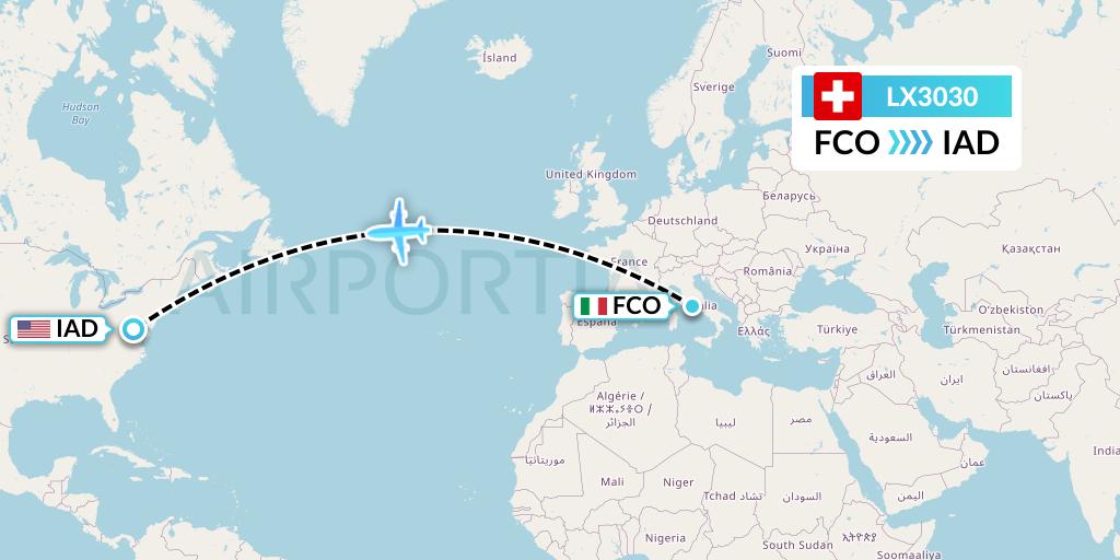 LX3030 Swiss Flight Map: Rome to Washington
