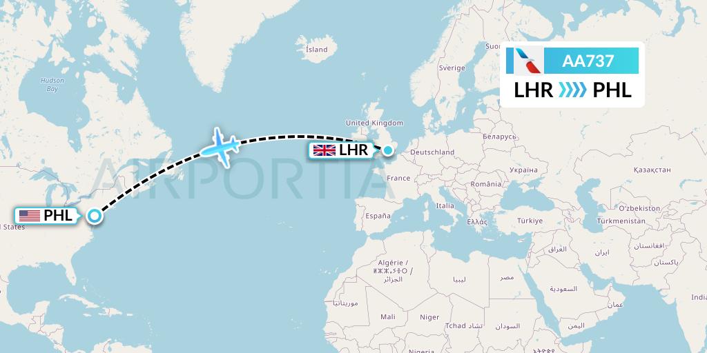 AA737 American Airlines Flight Map: London to Philadelphia