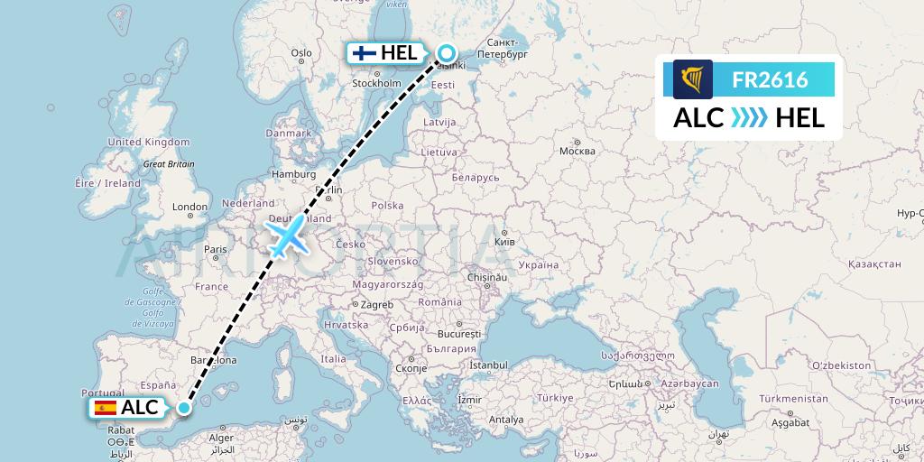 FR2616 Ryanair Flight Map: Alicante to Helsinki