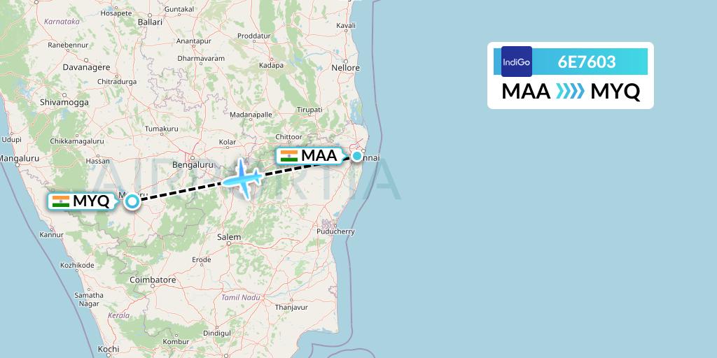6E7603 IndiGo Airlines Flight Map: Chennai to Mysore