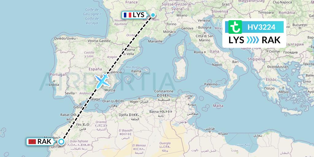 HV3224 Transavia Flight Map: Lyon to Marrakesh