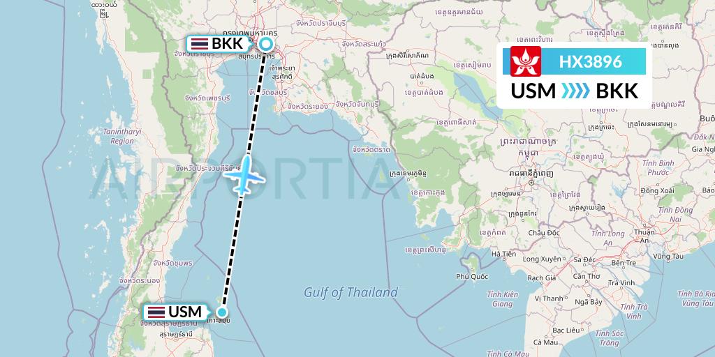 HX3896 Hong Kong Airlines Flight Map: Koh Samui to Bangkok